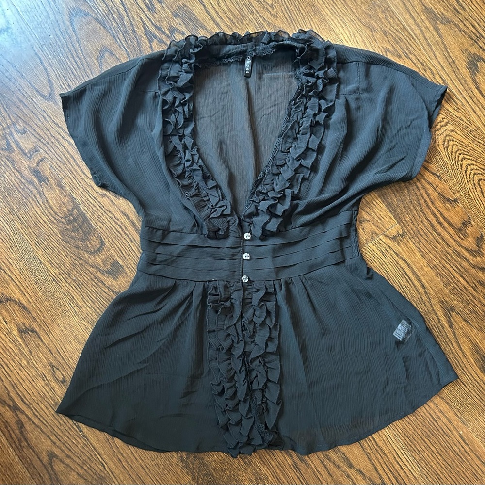 Oh Yes Y2K Black Sheer Ruffle Blouse - Size L